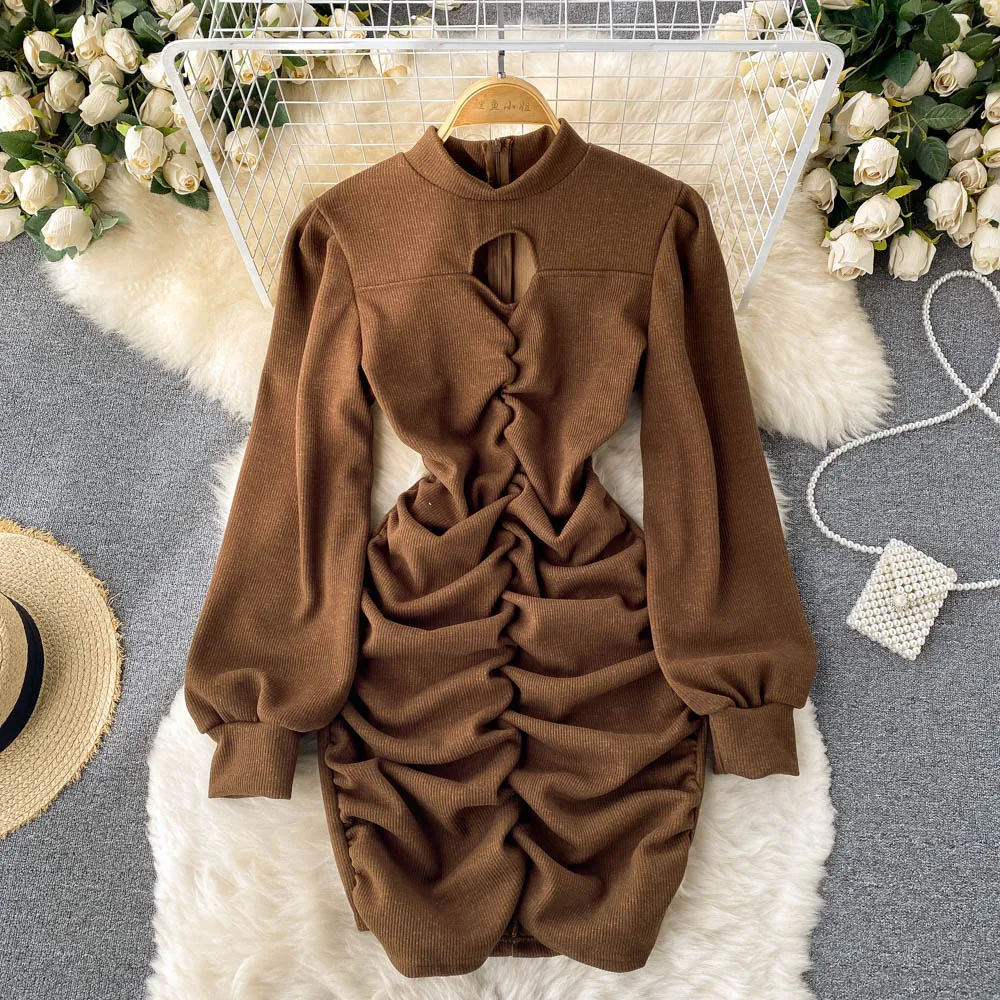 

Женское трикотажное платье с вырезами, однотонное облегающее платье в складку, в винтажном стиле, для офиса и вечеринок, Y2K, весна-осень 2022