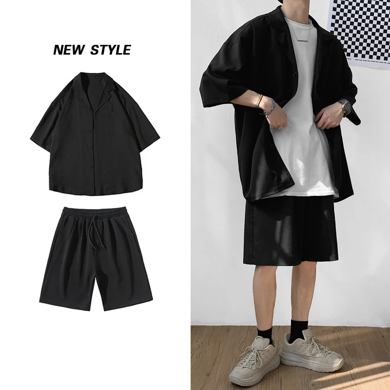 

Korean Style Men's Set Suit Jacket and Shorts Solid Thin Short Sleeve Single Pocket Knee-Length Summer Oversized Clothing Man