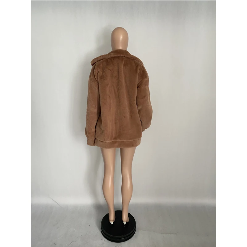 

Newest Lint Turn Down Collar Plush Zipper Long Sleeve Jacket Women Fleece Warm Coat Autumn Winter Office Lady Loose