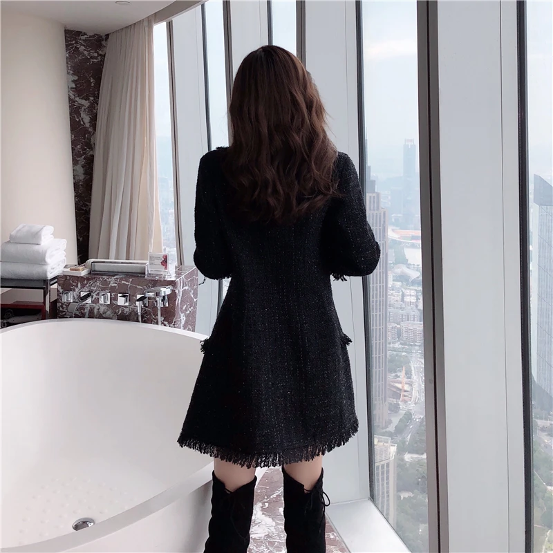 SHTONGHUA 2019 осеннее твидовое пальто женское двубортное с длинным рукавом и бахромой