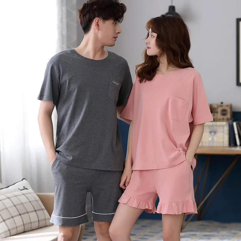 

Summer Cotton Couple 2PCS Pajamas Sleep Set Short Sleeve Sleepwear Nightwear Casual Loose Home Clothes Women Pijamas Suit