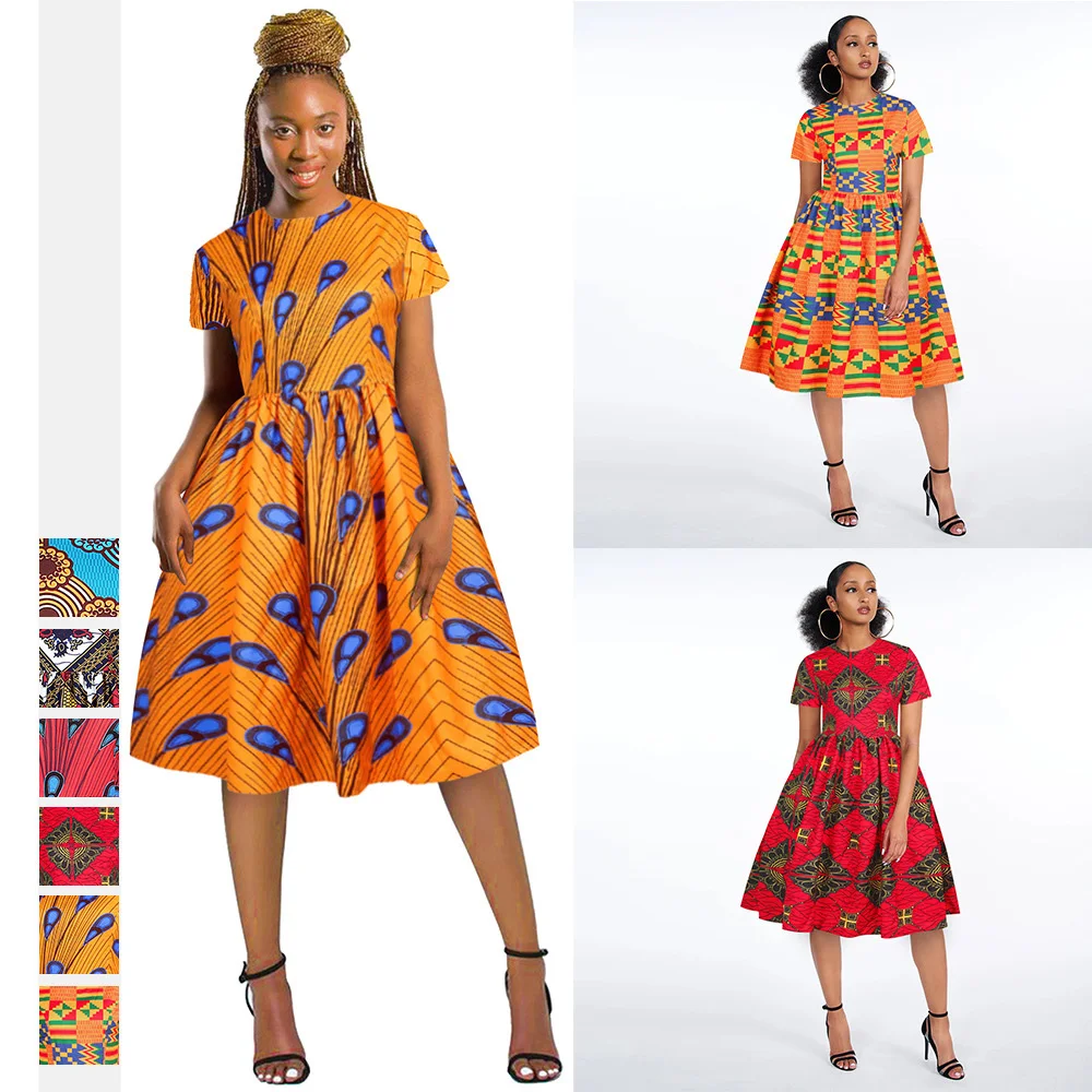 

2021 Summer African Clothes Fashion Dashiki Print Sexy Dress Fashion O Neck Short Sleeve Clothes African Swing Dresses for Women