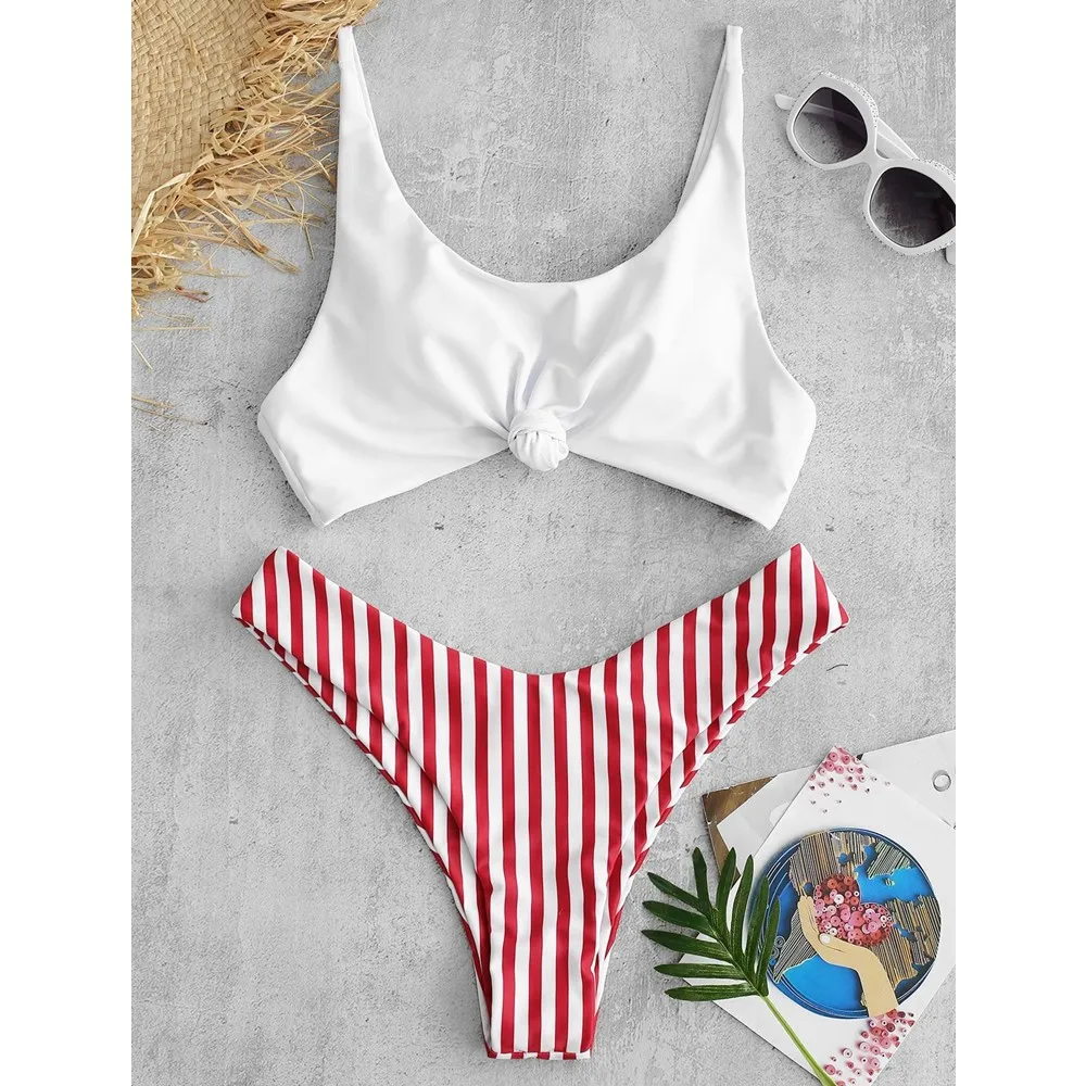 

Sexy micro Bikini 2021 Women Swimsuit Scoop Neck Striped Swimwear Knot Bow fringe Summer Beachwear Bathing Suit Push Up Biquini