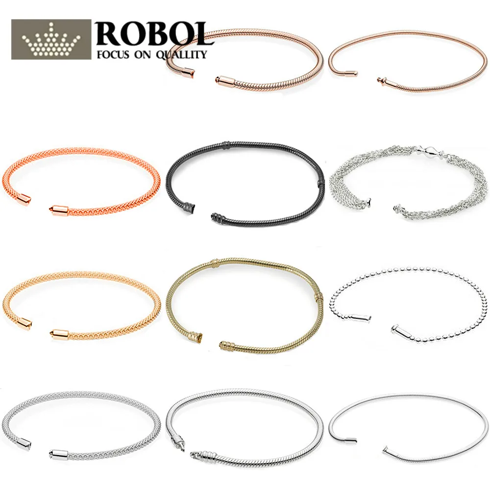 

RLLEN 03 100% 925 Silver Basic Bracelet (Multiple Style Selection) Gold Color Rose Gold Silver Color DIY Beaded Chain Head