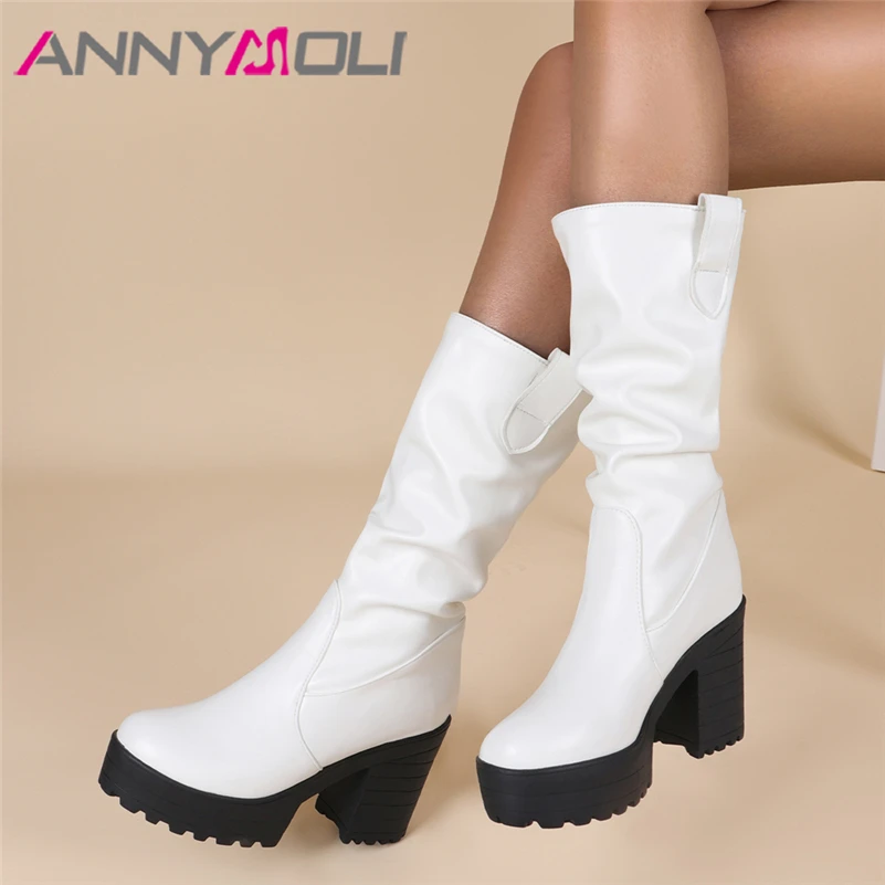 

Ботинки ANNYMOLI женские из искусственной кожи, модные сапоги на очень высоком блочном каблуке, заостренный носок, сапоги до середины икры, черн...