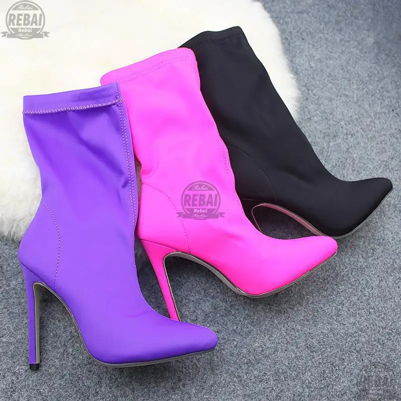 

2021 Silk Sock Neon Boots 11.5cm High Heels Stretch Fashion Red Green Ankle Peach Plus Size 43 Shoes Schoenen Vrouw Winter Boots