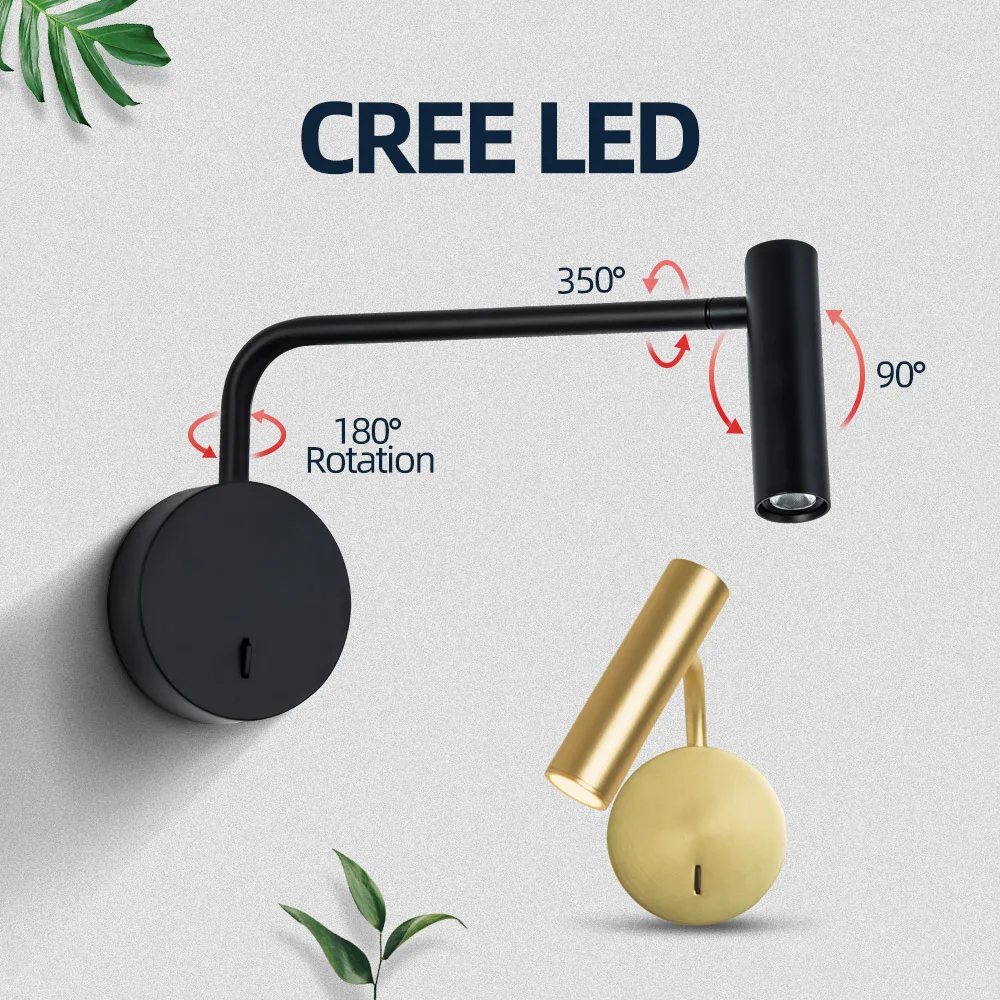 Modern Decor Bedroom Wall Lamp Arm Swivel With Switch LED 3W Reading Light Night For Bedside Indoor Home Interior Lighting | Освещение