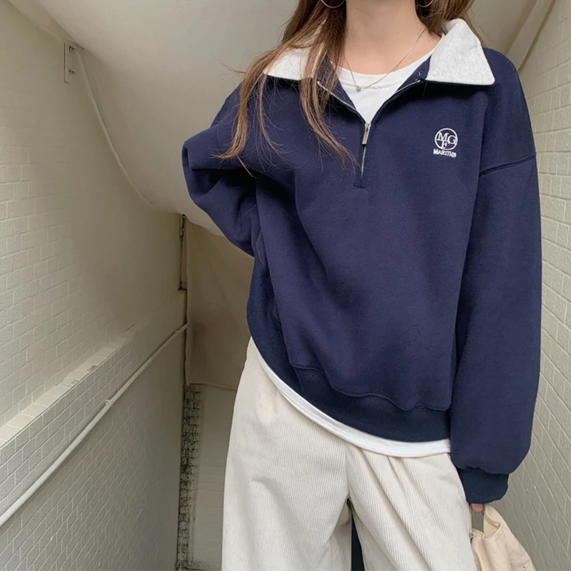 

Флисовые женские свитшоты в Корейском стиле, зимний теплый пуловер, водолазка на молнии, Топ с длинным рукавом, винтажная одежда Kpop на осень