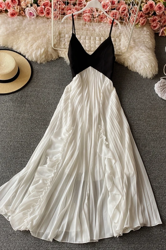 

New Women Beach Sexy Pleated Dress Summer V Neck Patchwork Chiffon Long Dresses Ladies Elegant Spaghetti Strap