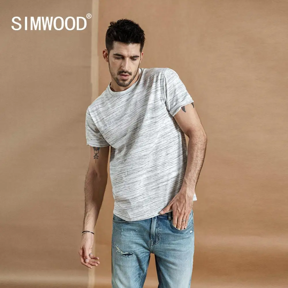 SIMWOOD 2021 летняя новая Меланжевая полосатая футболка мужская с круглым вырезом