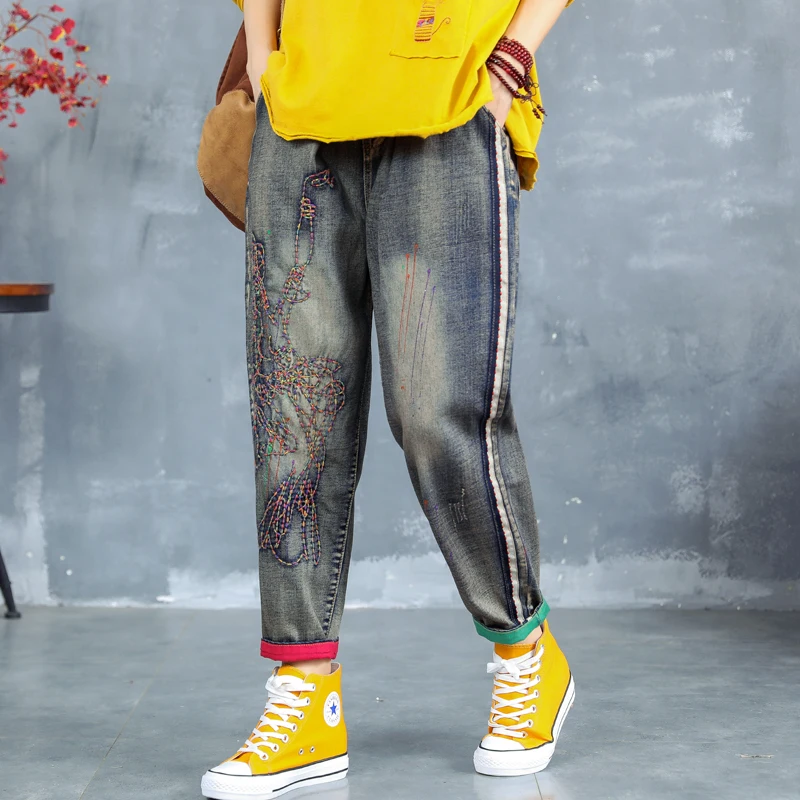 Винтажные вышитые шаровары QPFJQD для женщин повседневные джинсовые брюки с