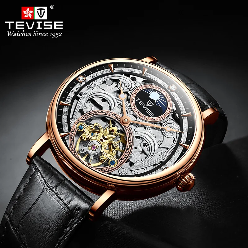 

TEVISE brand watch men's mechanical watch high-end belt hollow automatic watch waterproof sun, moon and stars dial