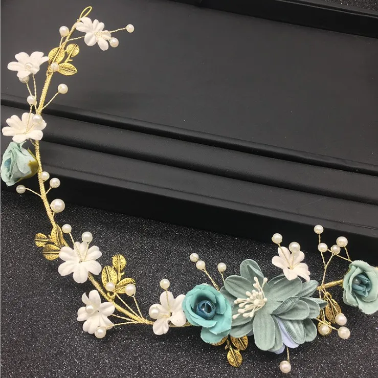 Ободки с цветами и зеленым жемчугом для девочек ручная работа Золотая проволока