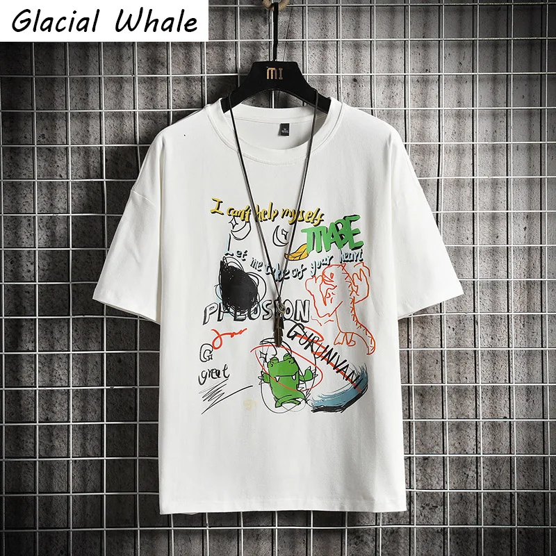 

GlacialWhale Man's White T-shirt Men 2021 Graffiti Oversized Cotton Hip Hop Japanese Streetwear Harajuku Tshirt Male T Shirt Men
