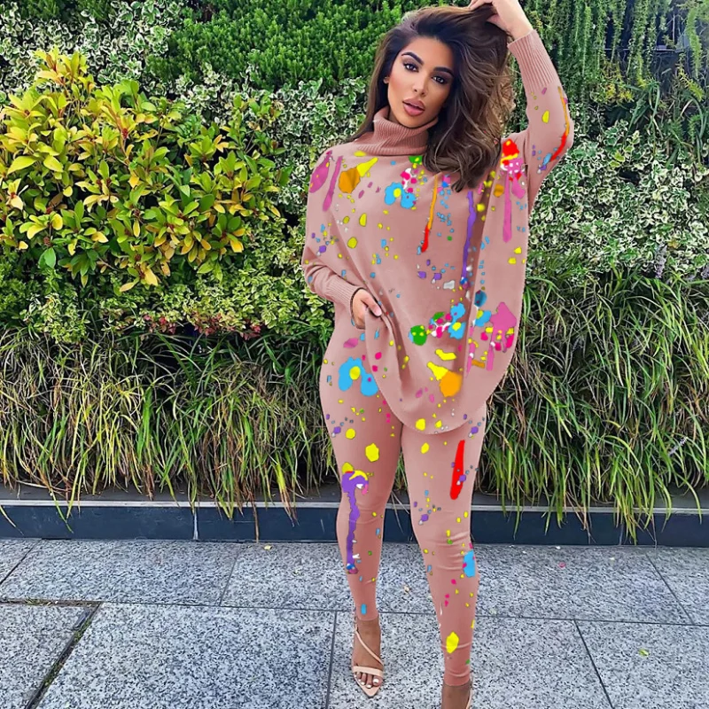 

Women Two Piece Sets Tracksuits Causal Printed Suits Batwing Sleeve Turtle Neck Top & Skinny Pants Set Matching Sets Streetwear