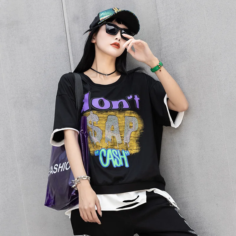

Vefadisa Black Blue Summer Diamonds Women T-shirt 2021 Fashion Letter Print Top Personality Hole Fake Two Piece T-shirt QYF5407