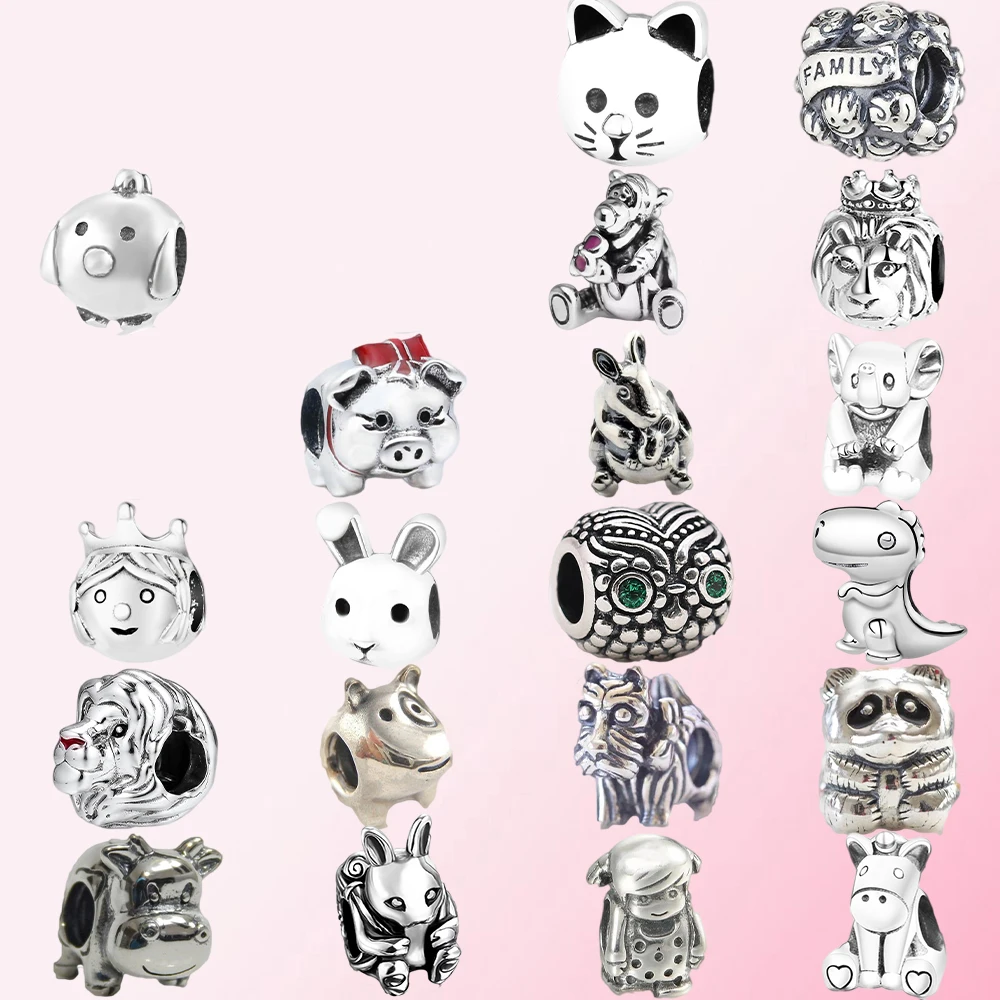 

2019 100% 925 Sterling Silver Rabbit Elephant Pig Duck Lion Cat Chicken Cow Dinosaur Tiger Woman Charm Bracelet DIY Beads