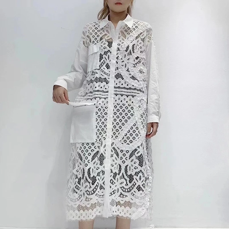 

CHICEVER Black Dress For Women Lapel Long Sleeve Loose Patchwork Lace Hollow Out Pockets Dresses Female 2021 Spring Clothes Tide