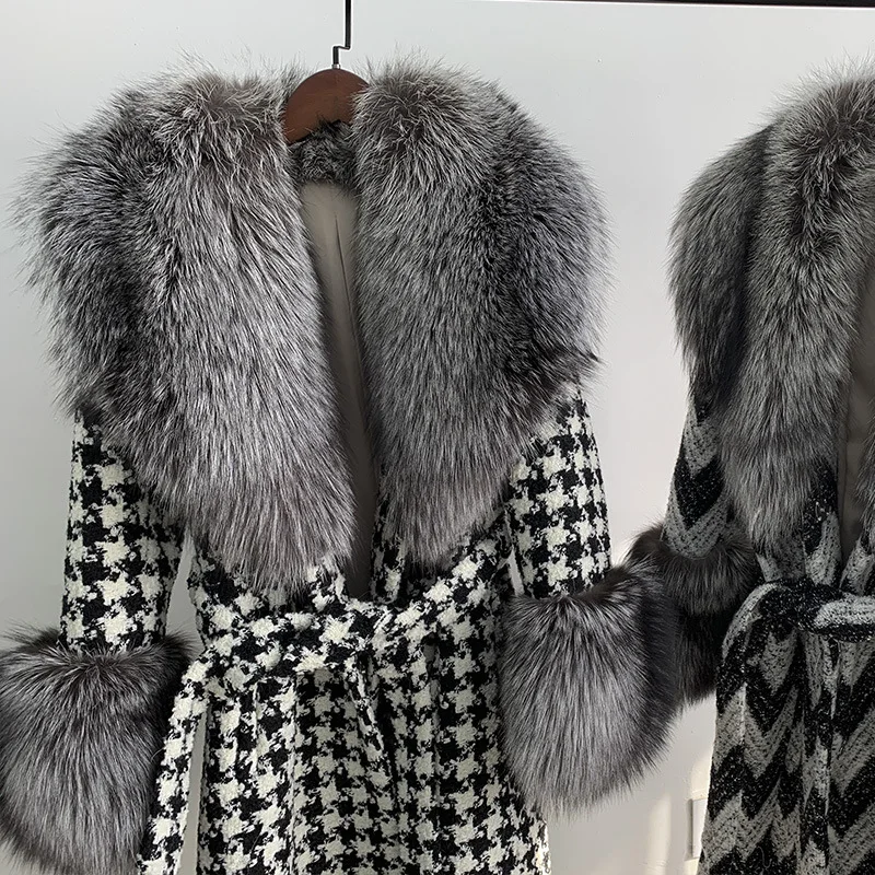 Luxury Fur Coats with Fox Fur Collar Winter Thick Women Houndstooth Long Real Fox Overcoats Belted Female Plaid Jackets 2 Colors
