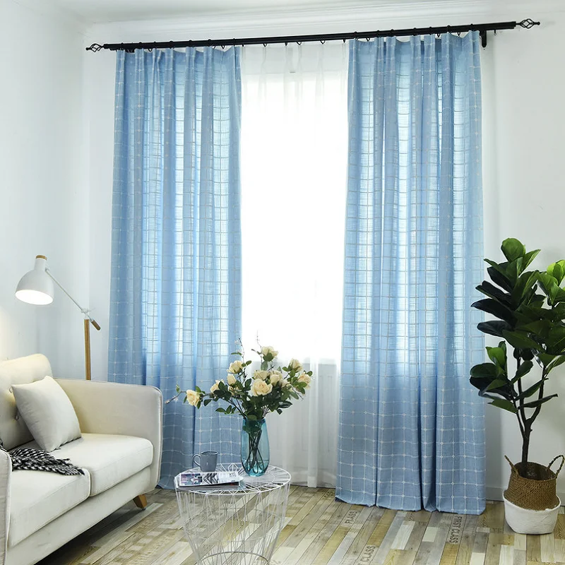 Korean-style Curtains for Living Dining Room Bedroom Solid Color Lattice Hemp Curtain Pink Blue Green Gray Five Colors Available | Дом и сад