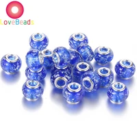 10pcs new handmade luminous lampwork large hole european beads with silver tone brass cores mixed color rondelle diy glass beads