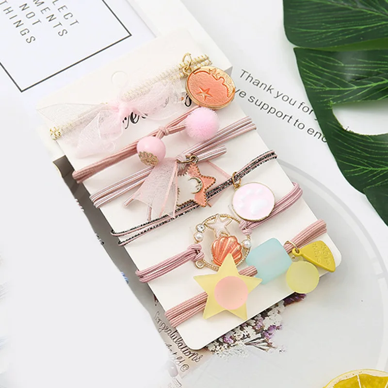 

High Quality Korean Simple 6 Pcs/set Ocean Shell Star Hair Ring Rope for Women Headwear Fashion Elastic Rubber Band Accessories
