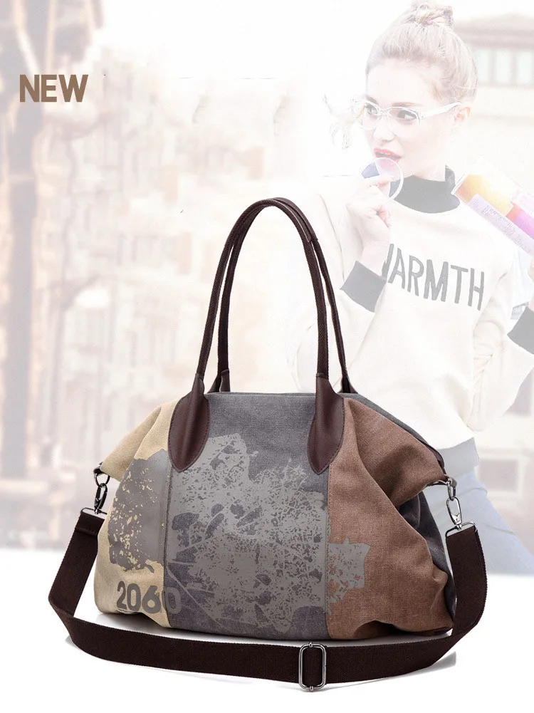 

New women's bag shoulder bag, stitching hit color large-capacity printing portable commuter Japanese and Korean canvas bag