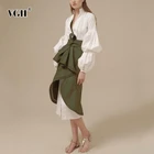 VGH Elegant Skirt Two Piece Set Female V Neck Puff Sleeve Long Dress With High Waist Lace Up Ruched Irregular Skirts Fashion New
