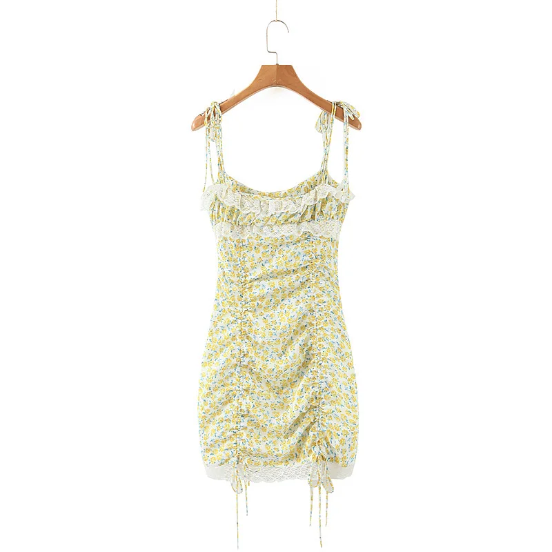 

YNZZU Sexy Strap Backless Summer Dress Women 2020 Yellow Floral Print Lace Up Lace Female Bodycon Party Dresses Vestidos AD537