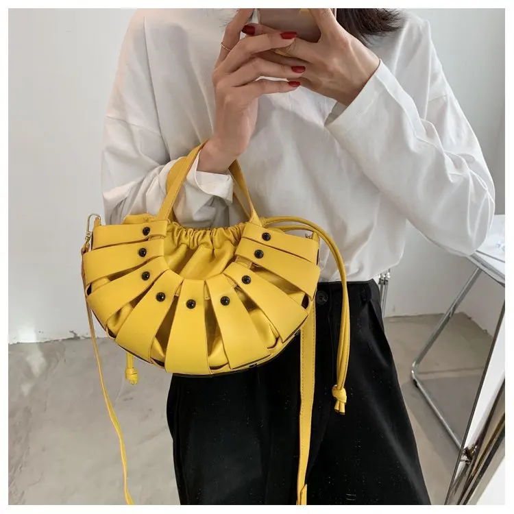 

Vegetable Basket Women's Bag Internet Celebrity Same Style Cowhide Pull-Belt Semicircle Handbag Fashion Shoulder Messenger