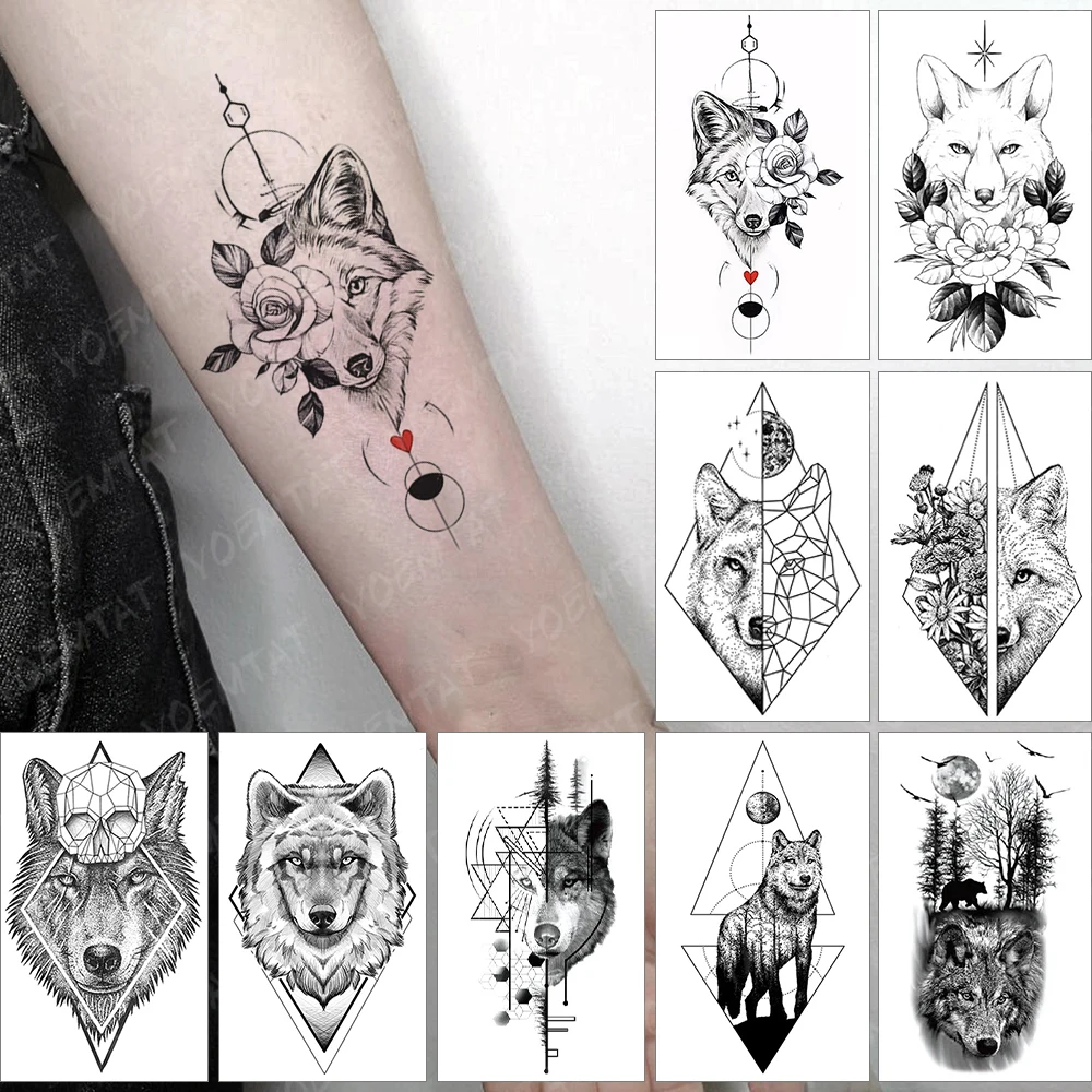 

Waterproof Temporary Tattoo Sticker Geometry Black Wolf Fox Forest Moon Flower Flash Tatoo Fake Tatto For Body Art Women Men