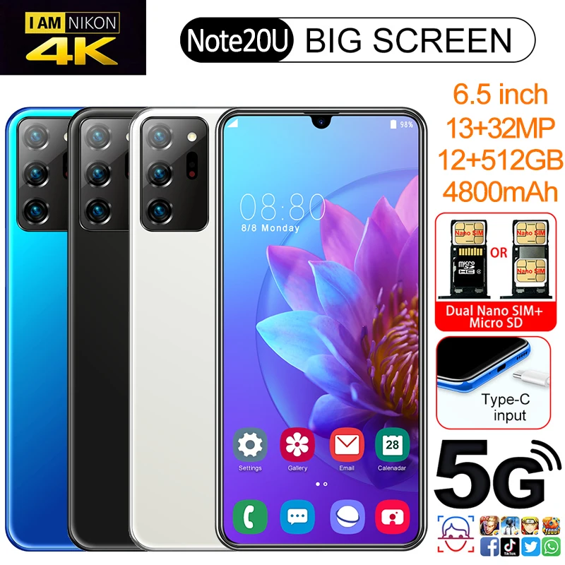 

6.5Inch 12GB RAM 512GB ROM Global Version New Note20U13+32MP Andriod 10Smartphones 10 Core Really MTK6537 Dual SIM 5G Cellphone