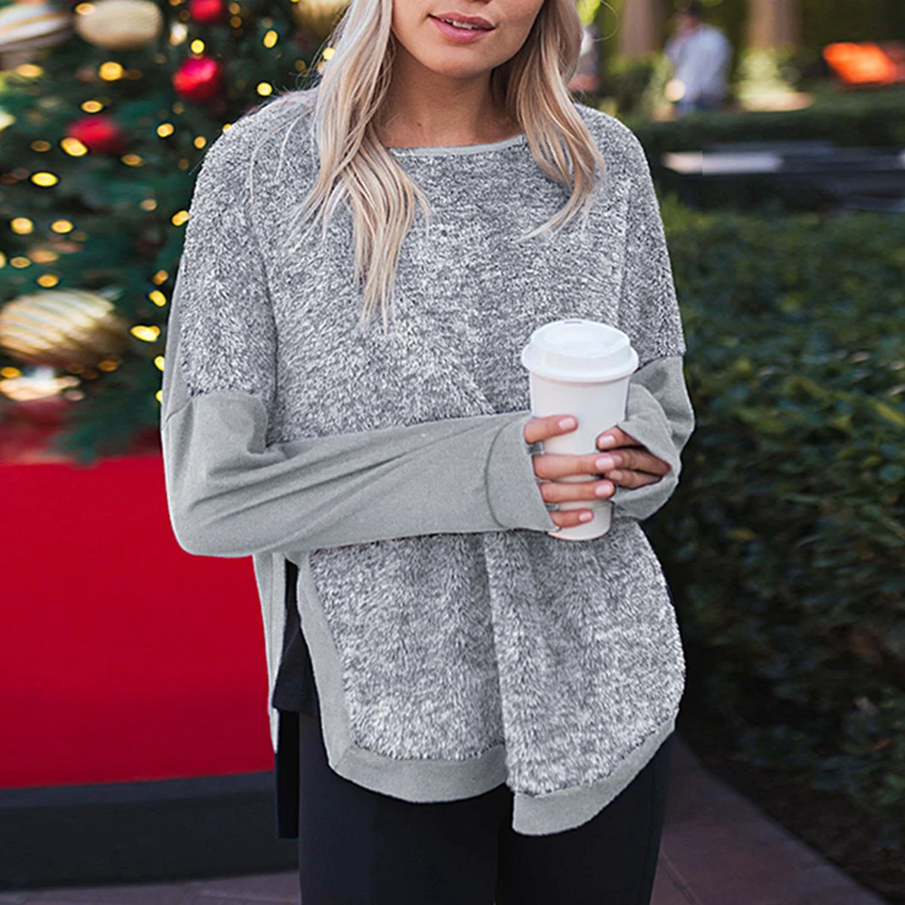 Женский сшитый свитер с разрезом Повседневная рубашка длинным рукавом