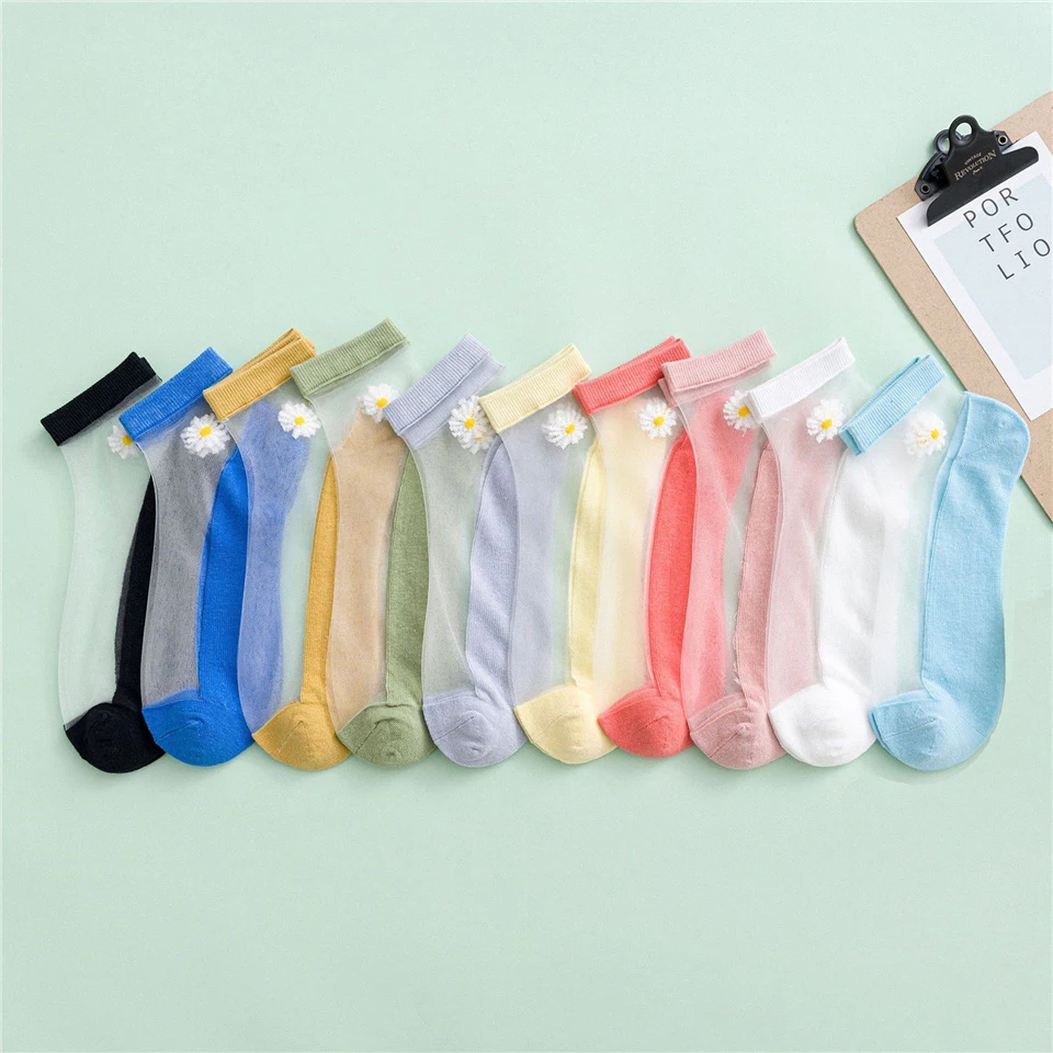 

5/10 Pairs Women Soft Comfy Sheer Silk Elastic Mesh Net Transparent Invisible Sock Slippers Ladies Daisy Embroidery Boat Socks