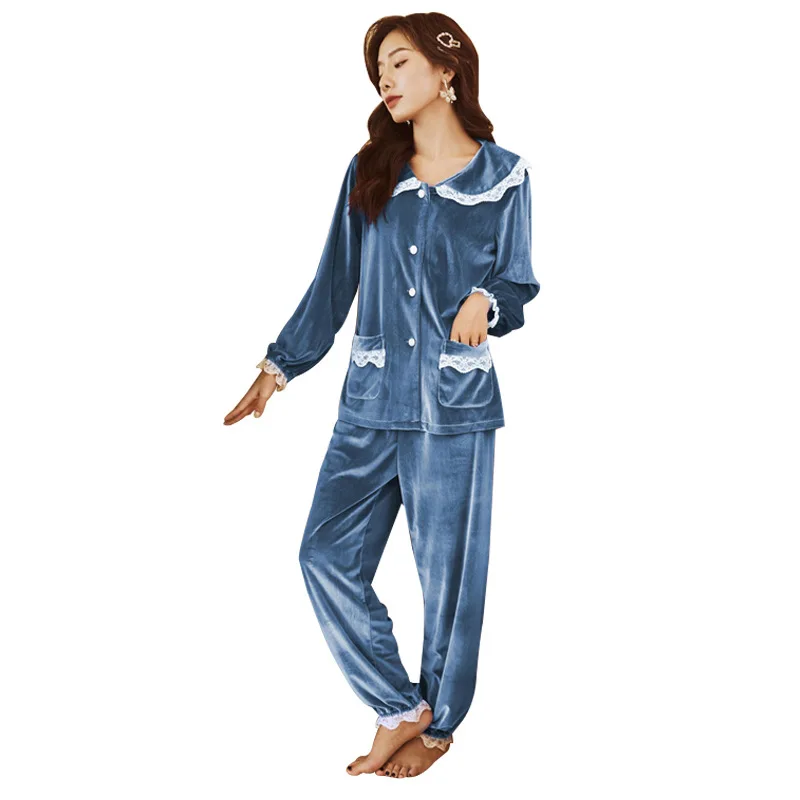 

Velour Women Pajamas Set Sleepwear Autumn Velvet Pijamas Suit Nightwear Casual Silky Bathrobe 2PCS Shirt&pant Cute Home Coltes