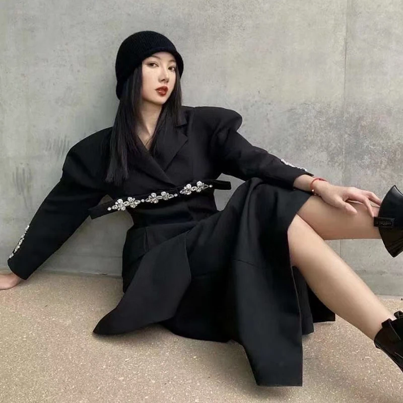 

TWOTWINSTYLE Temperament Patchwork Diamond Blazer For Women Notched Long Sleeve Casual Black Blazers Female Fashion New Tide