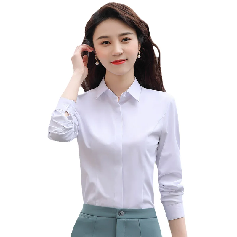

Белая женская рубашка с длинным рукавом, на весну и осень, облегающая элегантная белая офисная одежда в Корейском стиле, деловая одежда