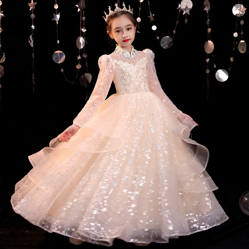 

Sequined Girl Princess Dress Long Sleeve Layered Dresses Birthday Party Costume Kids Flower Girl Dresses For Wedding 3-12Years