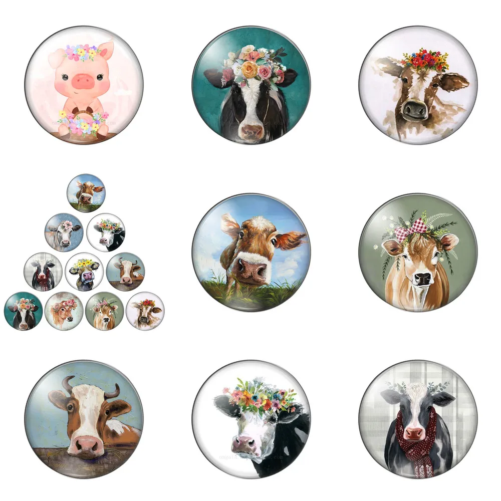 

Art Flower Cow Bull Animal Painting 10mm/12mm/14mm/16mm/18mm/20mm/25mm Round Photo Glass Cabochon Demo Flat Back Making Findings