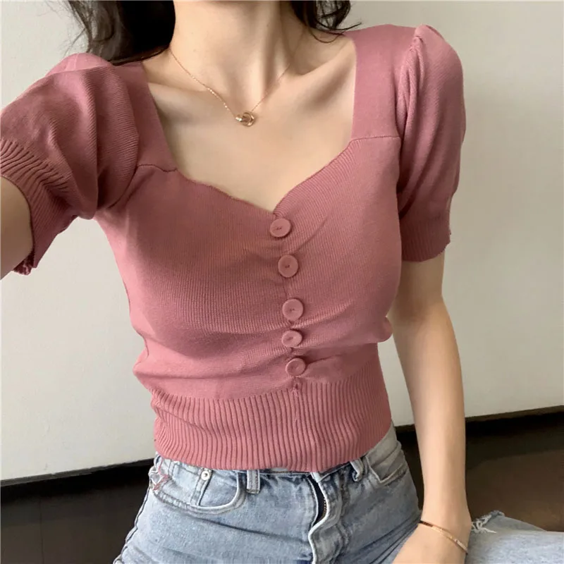 Ropa De Mujer Летняя трикотажная Винтажная футболка с пуговицами женская короткая в