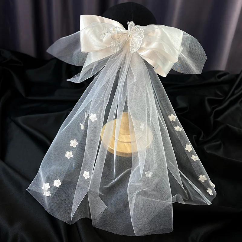 

Bridal flower bow hairpin Satin Bow Veil Bridal Wedding Headwear bride styling hair clip handmade hair accessories jewelry