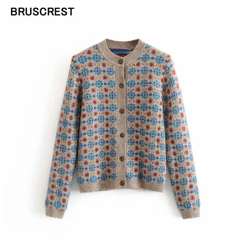 Женский вязаный кардиган с длинным рукавом винтажный свитер цветочным принтом в