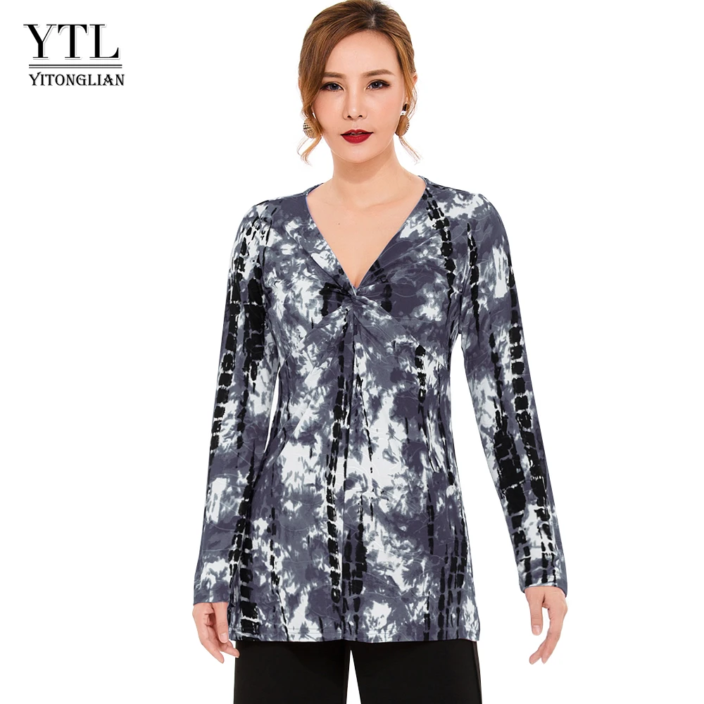 YTL 2019 модная Женская туника рубашка с длинным рукавом галстук крашение глубокий v