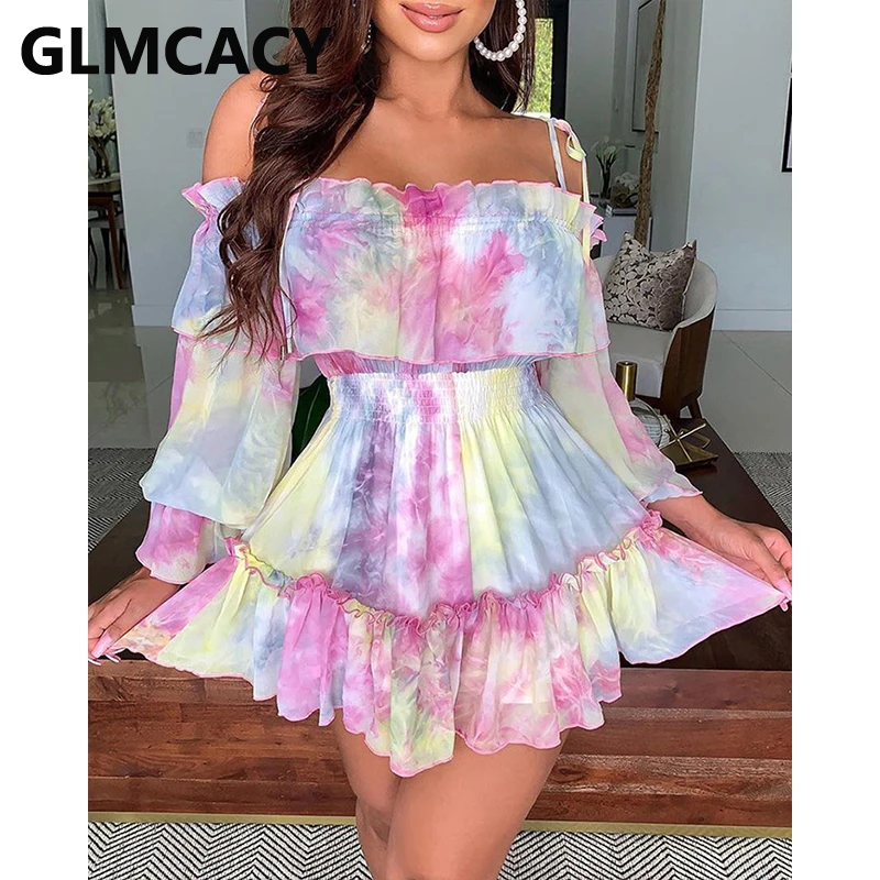 

Women Long Sleeve Off Shoulder Abstract Printed Mini Dress Sweet Boho Beach Dress