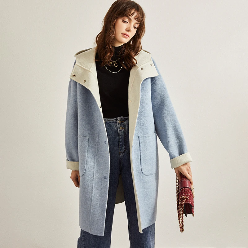 woolen coat women's 2019 new autumn and winter casual loose medium long blue fashionable zero cashmere | Женская одежда