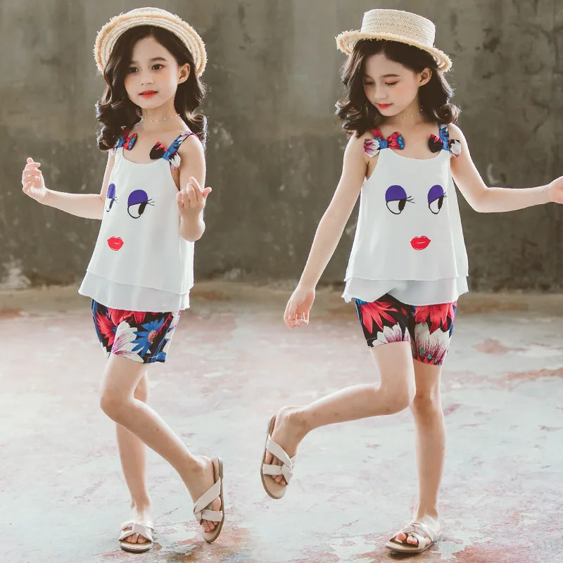 2021 Summer Girls Clothes Set Fashion Children Chiffon Sling Vest+Pants Kids Outfits Teen Girl Clothing Sets 4 6 8 10 12 Years