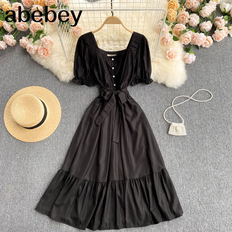 

Women Elegant French Dress Sweet Puff Sleeve Square Collar A-line Office Dress Summer Fashion Casual Streetwear Dress