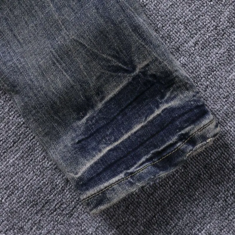 European Vintage Fashion Men Jeans Retro Blue Elastic Slim Fit Ripped Jeans Men Distressed Patchwork Designer Casual Denim Pants