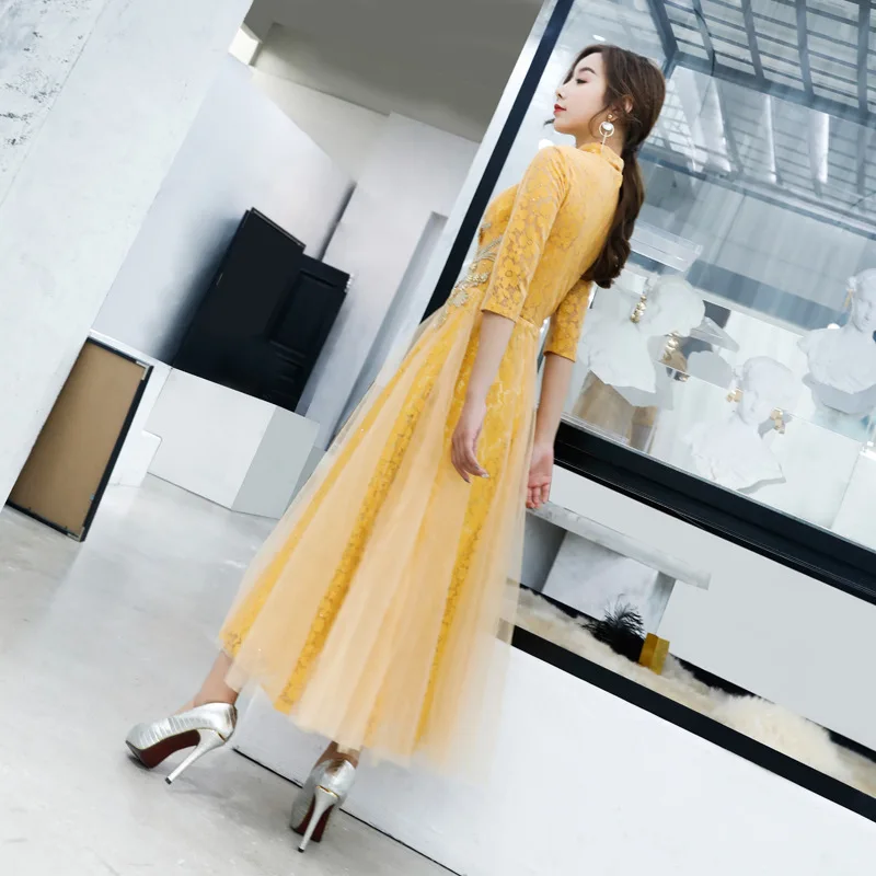 Золото с рукавом средней длины пряжи пикантные блестящие вечерние платье Для