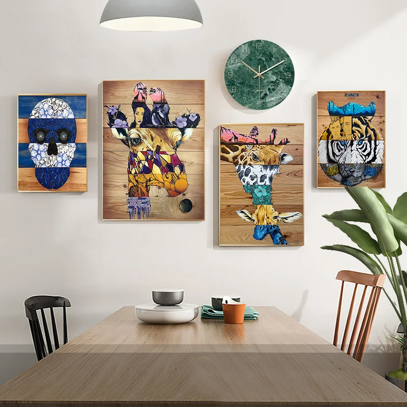 

Wood Collage Giraffe Skull Tiger Art Canvas Print Painting Living Room Abstract Animal Wall Picture Home Decoration Poster